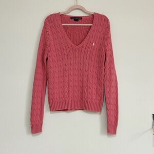 Ralph Lauren Sport Rose Cable Knit V-neck 100% Cotton Sweater Embroidered Logo